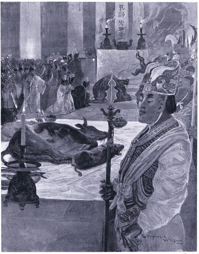 Ein Opfer in einem konfuzianischen Tempel 505 n. Chr. von Henry Charles Seppings Wright